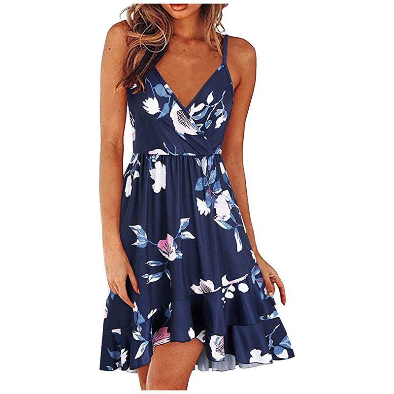 Swing Dress2025 Summer Women Clothes Sexy Fashion V-neck Sling Sleeveless Backless Print Swing Dress