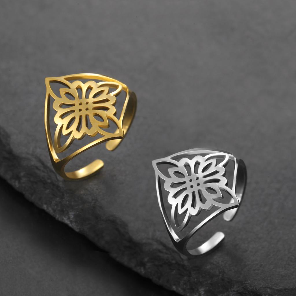 Fashion Flower Witch Knot Open Ring Stainless Steel Minimalist Charm Ring Retro Adjustable Irish Jewelry Gift