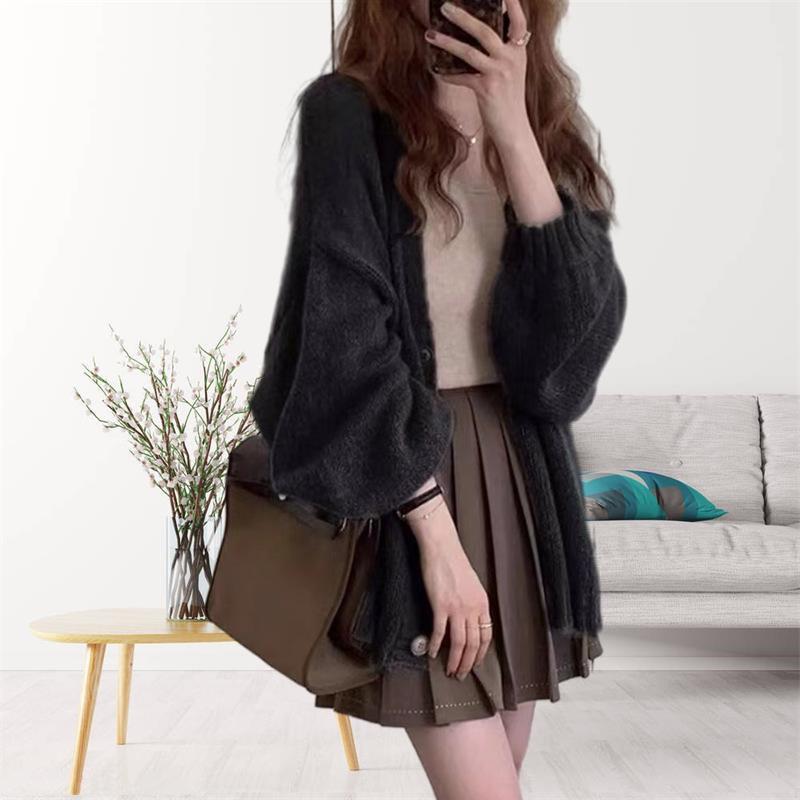 Popular lantern sleeve jacket women's spring and autumn shirt loose lazy solid color mohair sweater women's thin