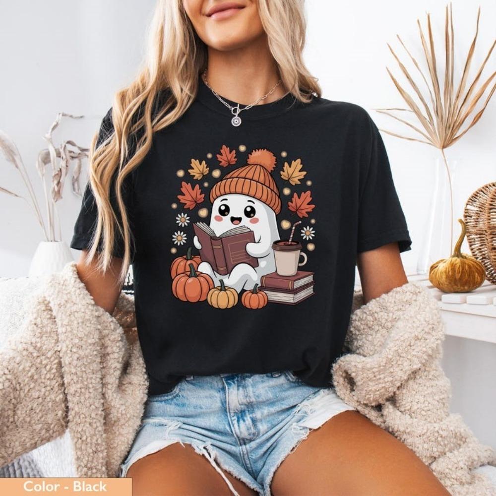 New Hot Cute Ghost Reading Enthusiast Halloween Ghost Coffee Women's T-shirt Kawayi Pattern T-shirt