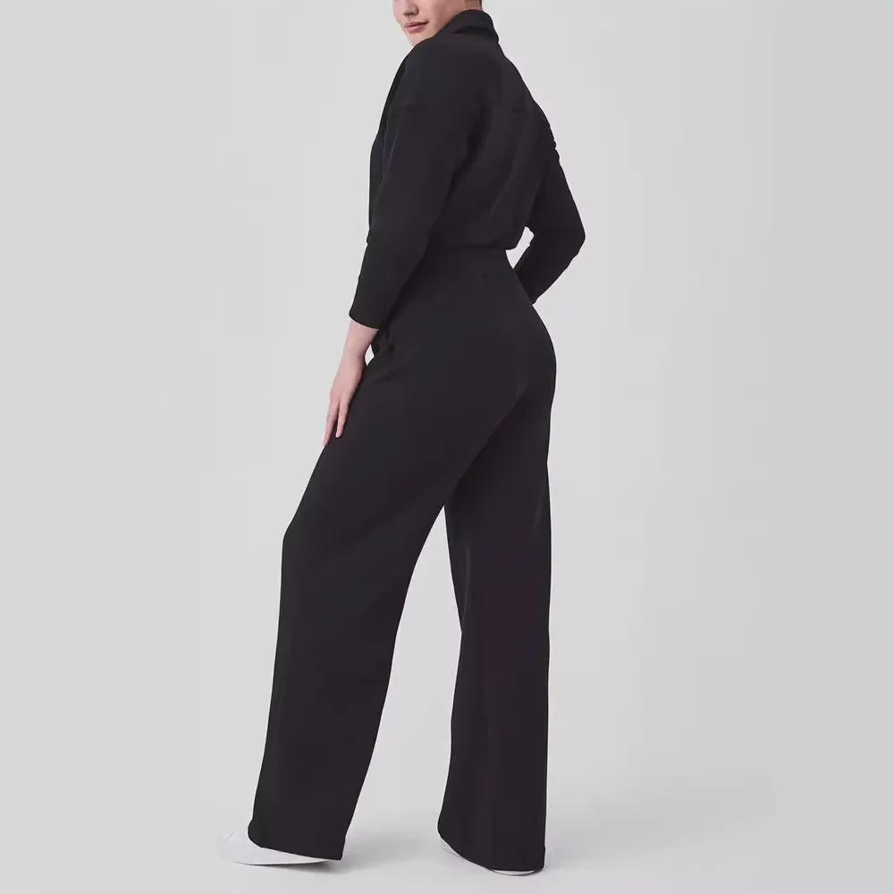 2024 Women's Long-Sleeve Wide-Leg Jumpsuit with Zipper and Lapel Sweater Design