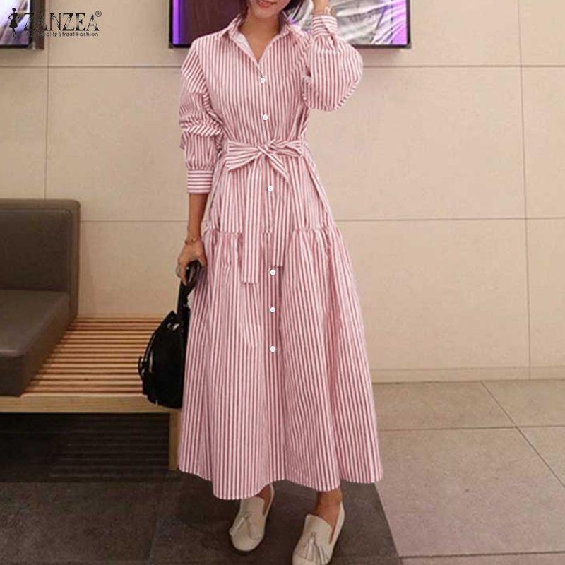 ZANZEA Women Casual Turn Down Collar Long Sleeve Loose Stripe Dress