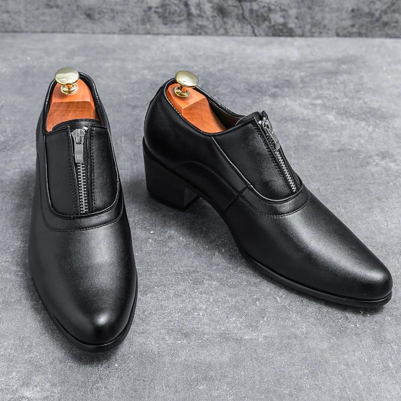 Men's British Black White Zip Patent Leather Height Increasing Shoes Men Male Monk Strap Formal Wedding Oxfords Men Dress Shoes