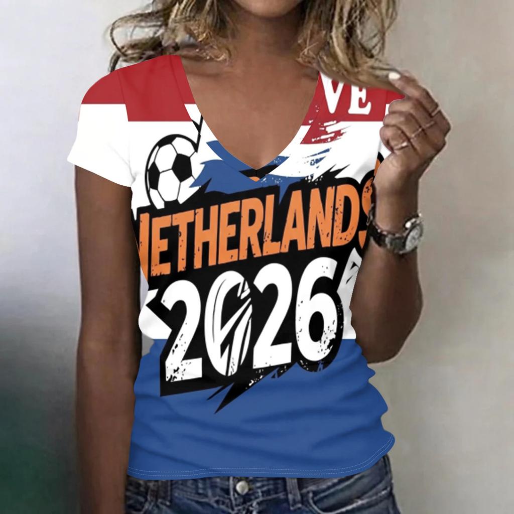 Women's V Neck Lightweight Short Sleeve Top Soccer Inspired Print Casual Summer Shirt for Canada USA Mexico Fans