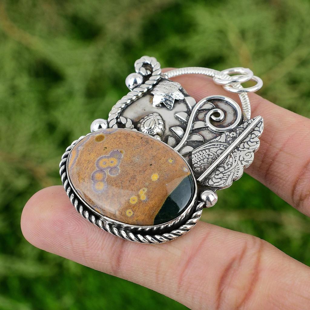 Oval Ocean Jasper Stone Mother Birthday New Pendant Jewelry 925 Sterling Silver