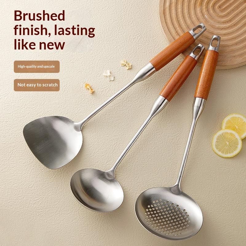 Stainless Steel Kitchen Utensil Set With Heat Resistant Wooden Handles For Home Cooking Baking Prep