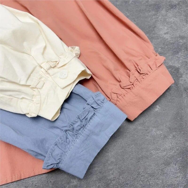 Johnature Japanese Fungus Collared Shirt Mori Women French Long-sleeved Loose Solid Color Casual Vintage Cotton Shirts