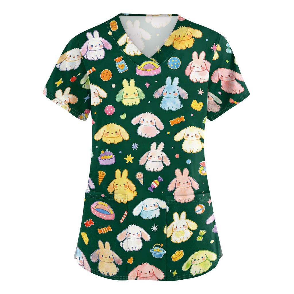 Women's V Neck Short Sleeve Work Top with Pockets Cute Animal Print Medical Scrub Shirt for Healthcare Professionals Nursing Uniform