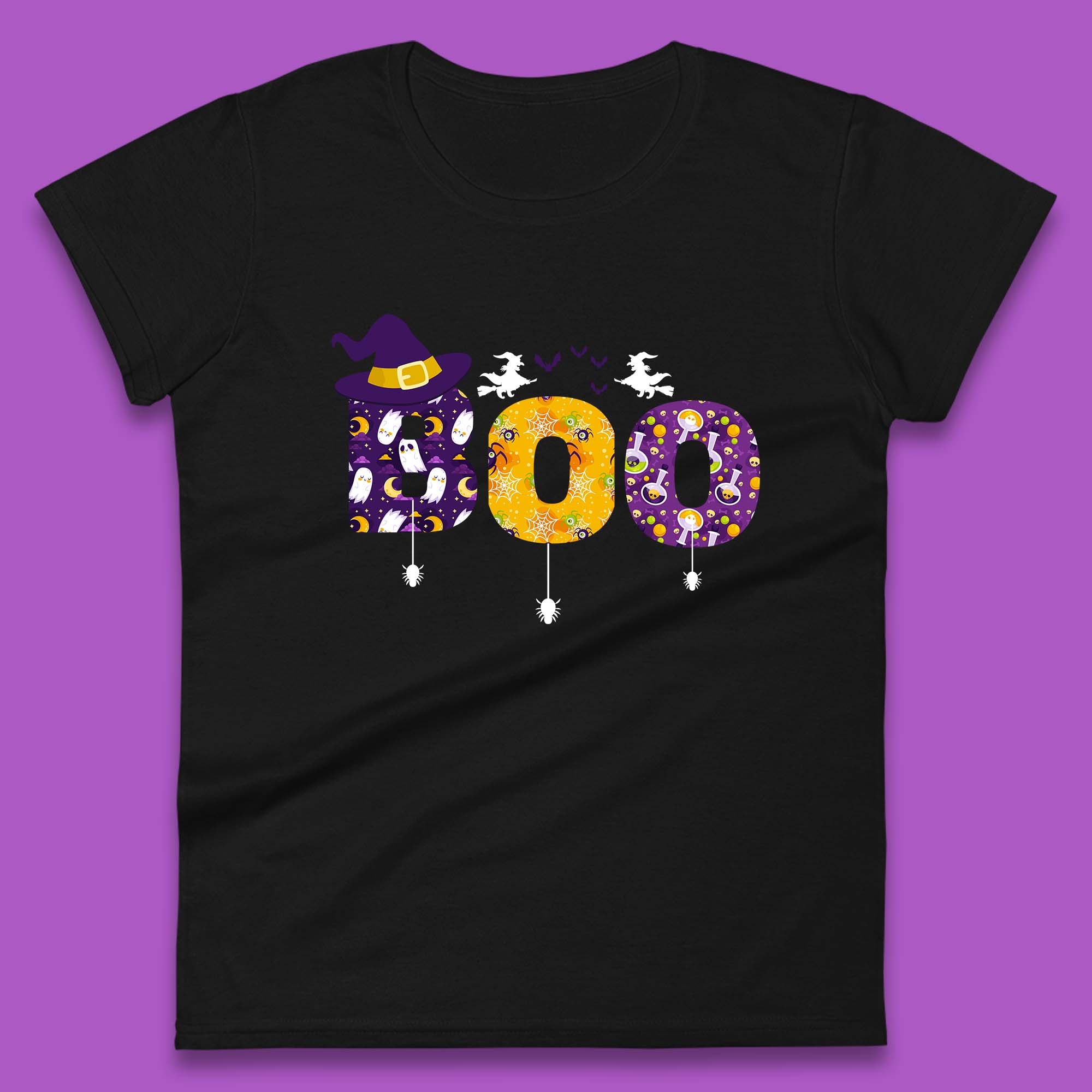 Boo With Spiders And Witch Hat Halloween Boo Ghosts Costume Womens Tee T Shirt Mens Tops Unisex Top L