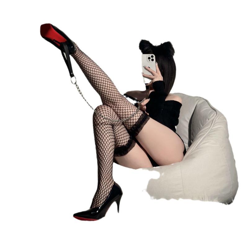 Lace Lace Sexy Fishnet Socks Pure Desire Medium Long Bow Knee Socks Thin Fungus Edge Hollow Mesh Socks