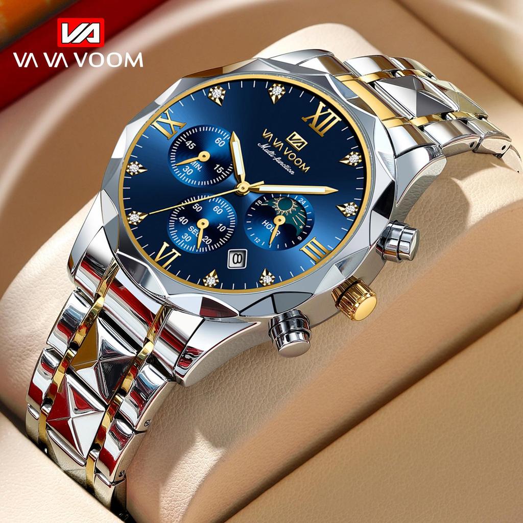 VA VA VOOM Quartz Watch Men Top Brand High Quality Stainless Steel 30M Waterproof Luminous Date Week Sports Business Wristwatches Women Quartz Watch