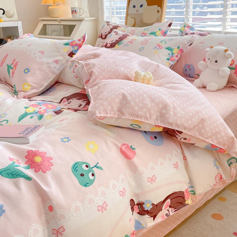 Washed Cotton 4Pcs Set, Spring And Autumn 1.8M Bed Sheet Double Quilt Set 3Pcs Home Textile