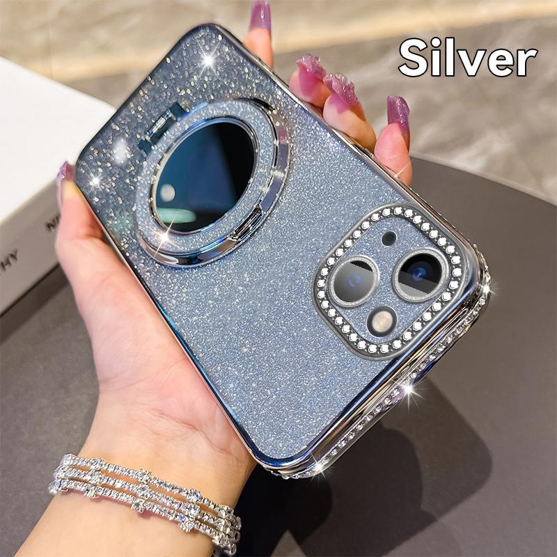 KEYSION Luxury Glitter Jewelled Magnetic Phone Case for iPhone 13 14 Pro Max Makeup Mirror Ring Stand Shockproof Back Cover