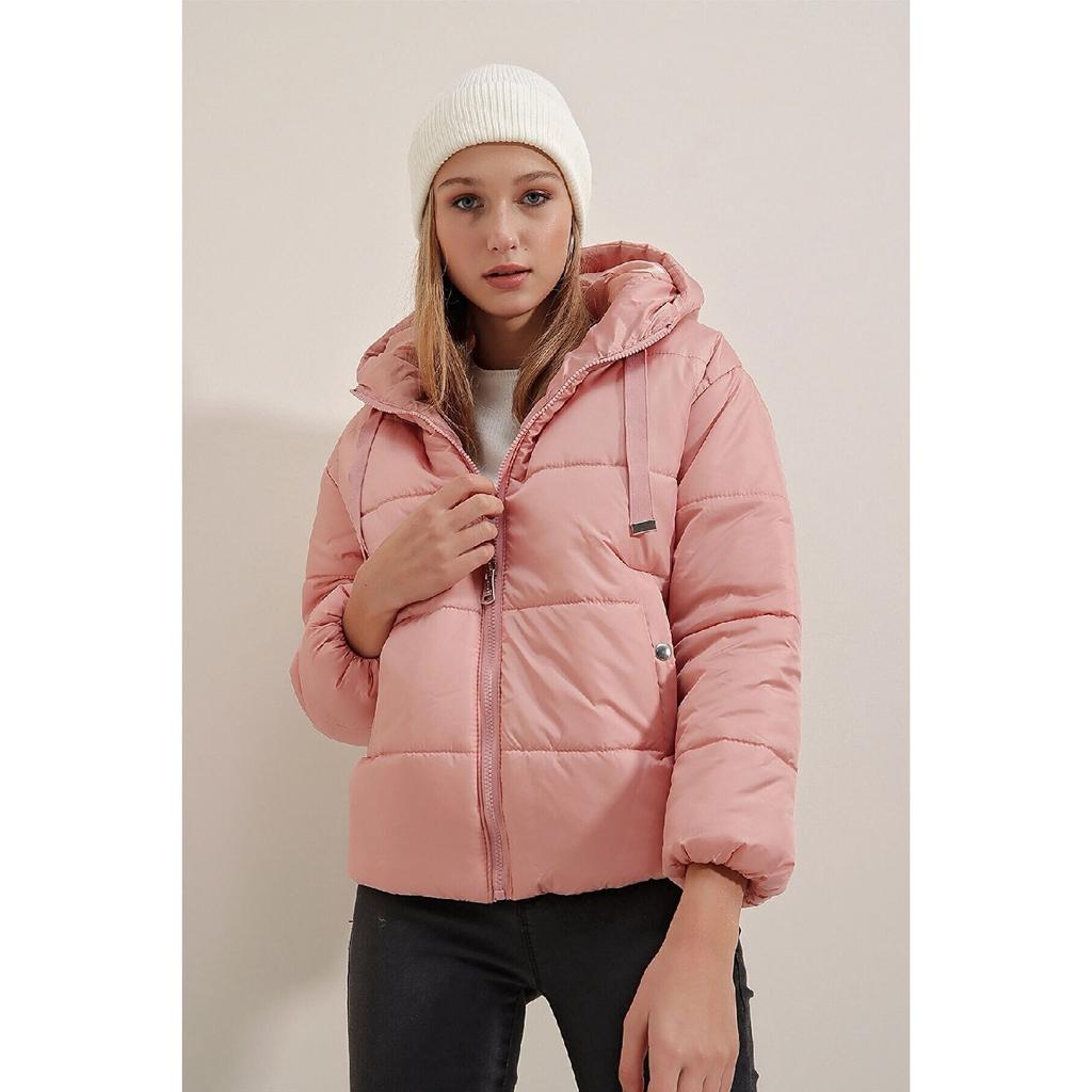 Schwarzer Puffermantel mit Kapuze und Tunnelzug für Damen Hzl22w-bd151171