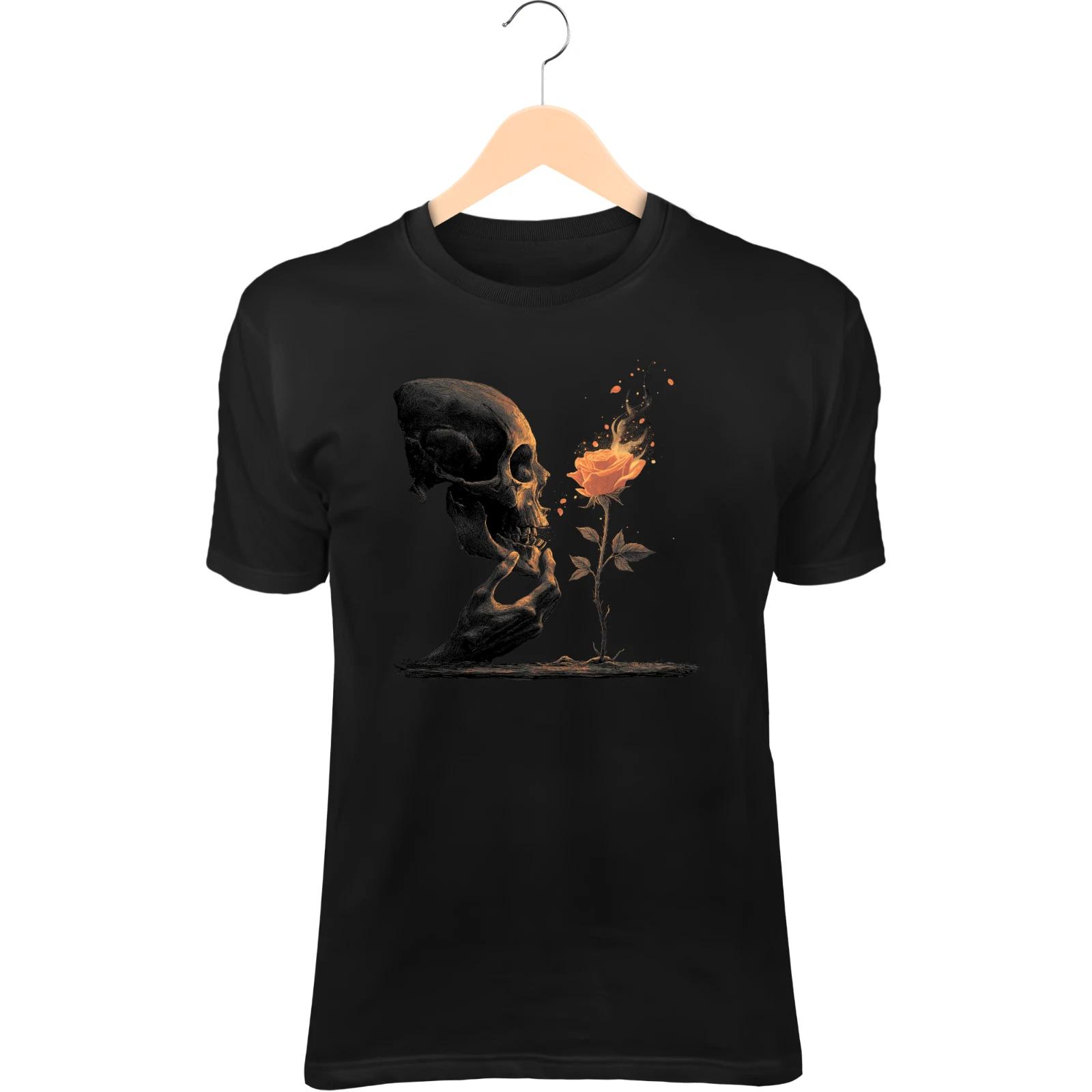 Burning Rose Skull II T-Shirt – Skull Holding Flame Rose, Falling Petals 4XL
