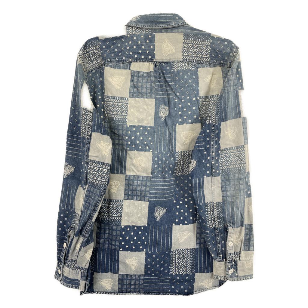 RRL Indigo X Blue Band Color Print Patchwork Shirt Tops M Indigo X blueUsed