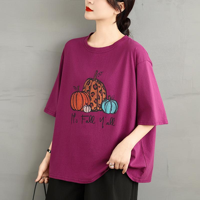 

DIMANAF 2025 Женская новая летняя свободная футболка с принтом больших размеров с короткими рукавами из хлопка в винтажном стиле, футболки макси One Size