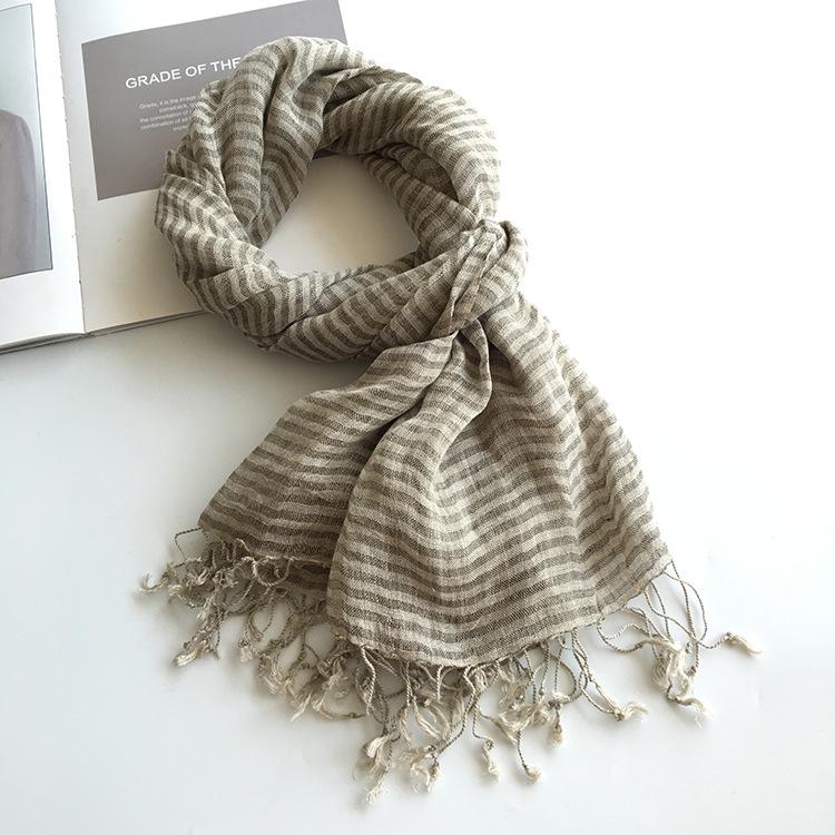 Linen Primary Color Dark Striped Couple Scarf Natural Men'S Lengthened Fringed Linen Scarf Japanese And Korean Popular Silk Scarf