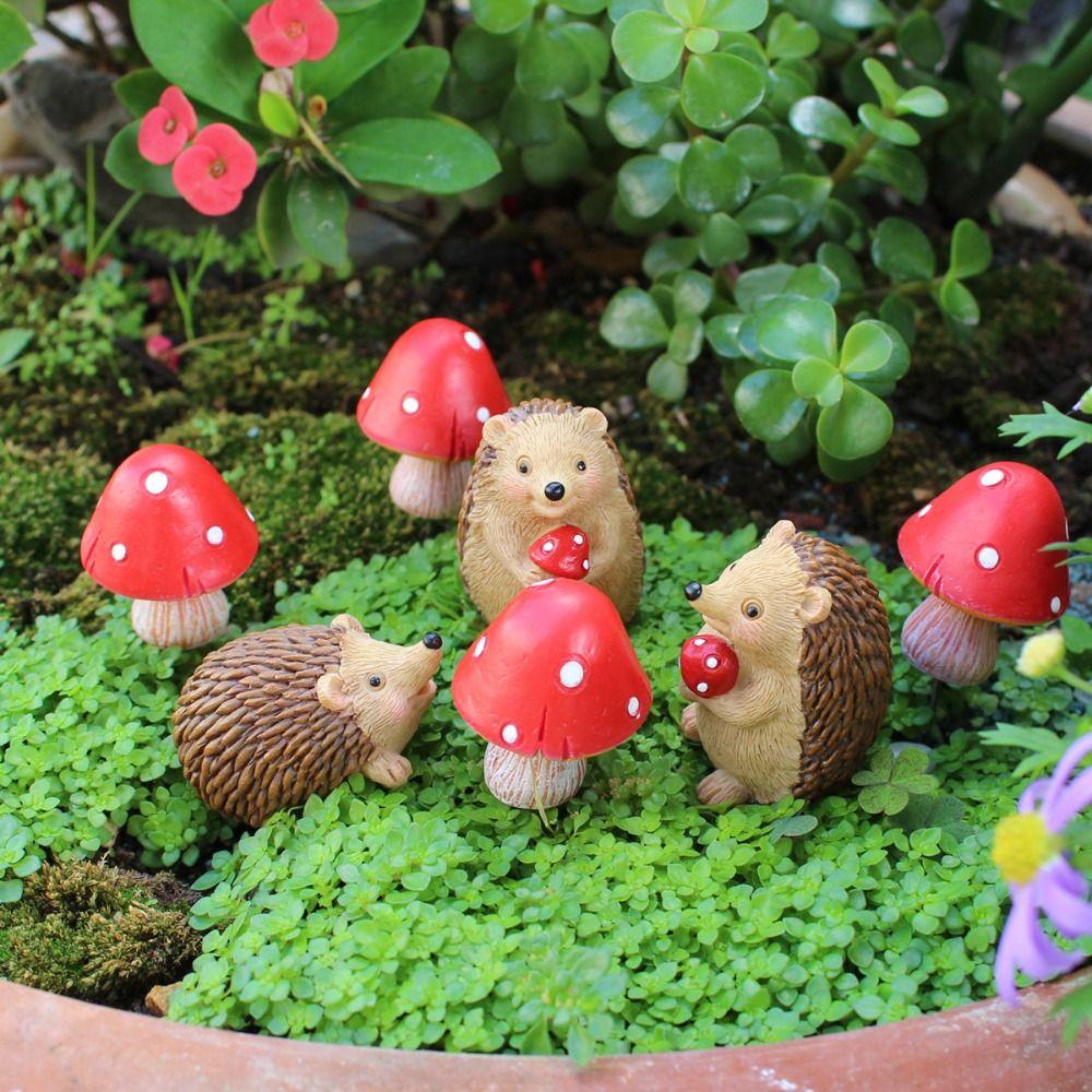 7pcs Cute Animal Sculpture Cartoon Garden Miniatures Figurine Hedgehog Mushroom Statue Office