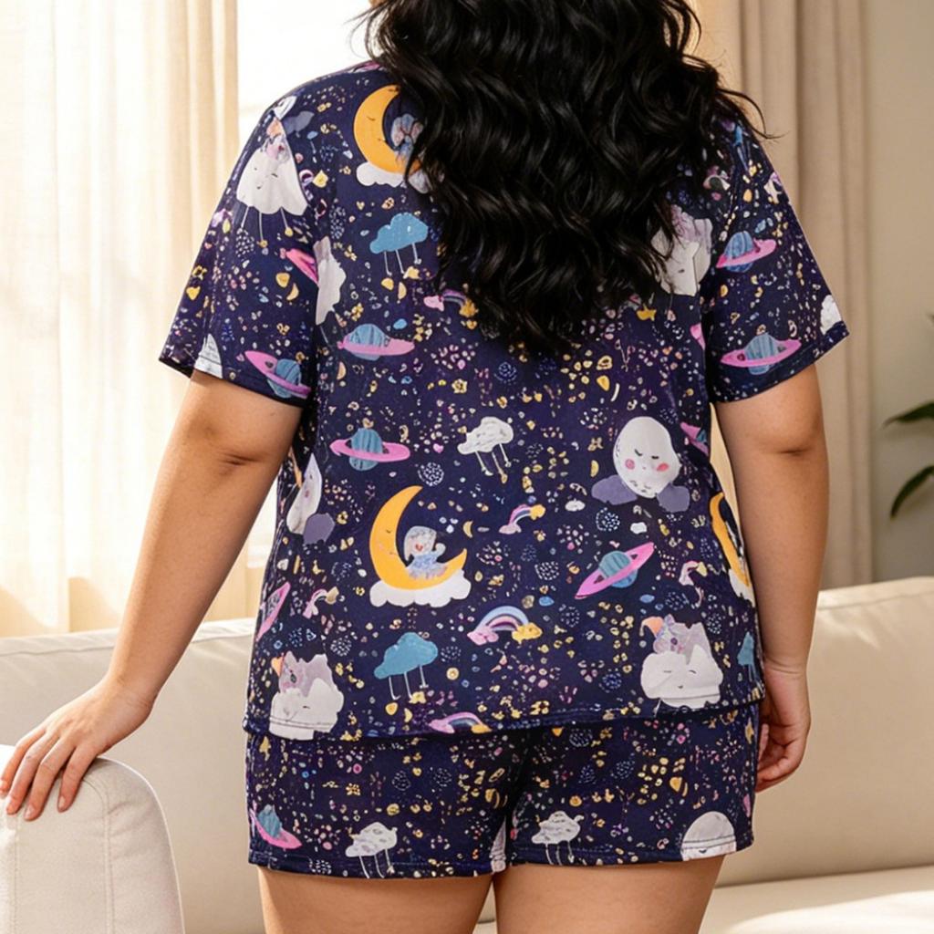 Plus-size Women's Home Clothing Casual Starry Sky Print Design Sleeping Suit Set