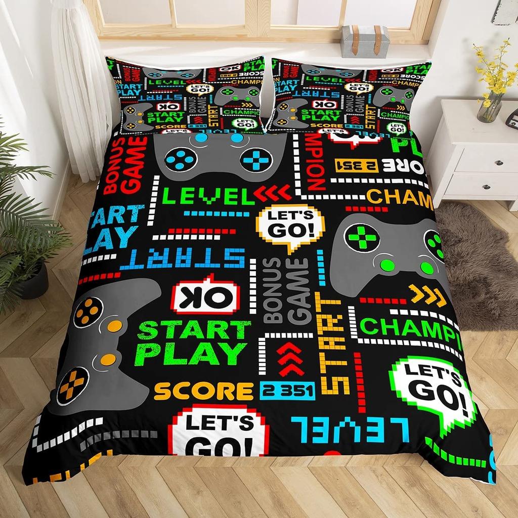 Gamepad Duvet Cover Set Queen Video Game Twin Bedding Set Microfiber Green Cartoon Gamer Pattern Electronic Theme Quilt Cover