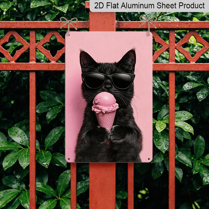 2D Flaches Cooles Schwarzes Katze mit Sonnenbrille & Rosa Eis Metallschild - Lustige Katze Aluminium Wanddekor Küche & Esszimmer Wand, Katzenliebhaber Wohnzimmer