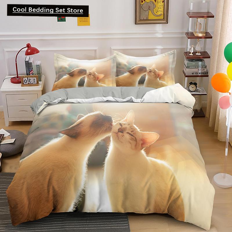 Super Cute Kitten Kids Bedding Set Kawaii Girl Quilt Cove King Queen Size Cat Animal 2/3pcs Polyester Duvet Cover (No Sheet)