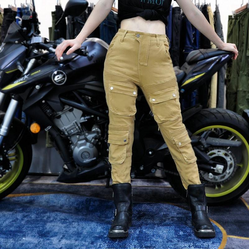 Womens Motorcycle Riding Pants Vintage Style Cargo Trousers With Protective Padding Khaki Cotton Blend Use