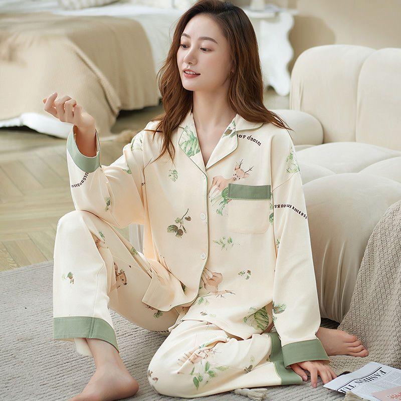 Pajamas women spring and autumn new long-sleeved outer wear Korean version of sweet loungewear cardigan lapel set