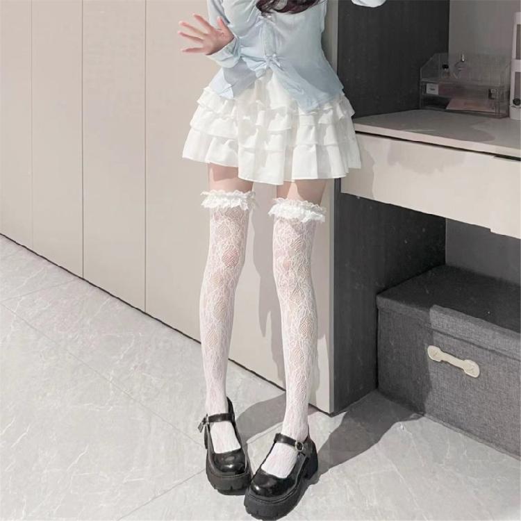 Thigh Highs Stockings with Ruffle Trim Women Flower Lace Fishnet Over Knee Socks