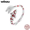 WOSTU Real 925 Sterling Silver Red KOI Open Ring For Women Luck Carp Fish Tail Rings Unique Jewelry Gift For Mom Lover Girl