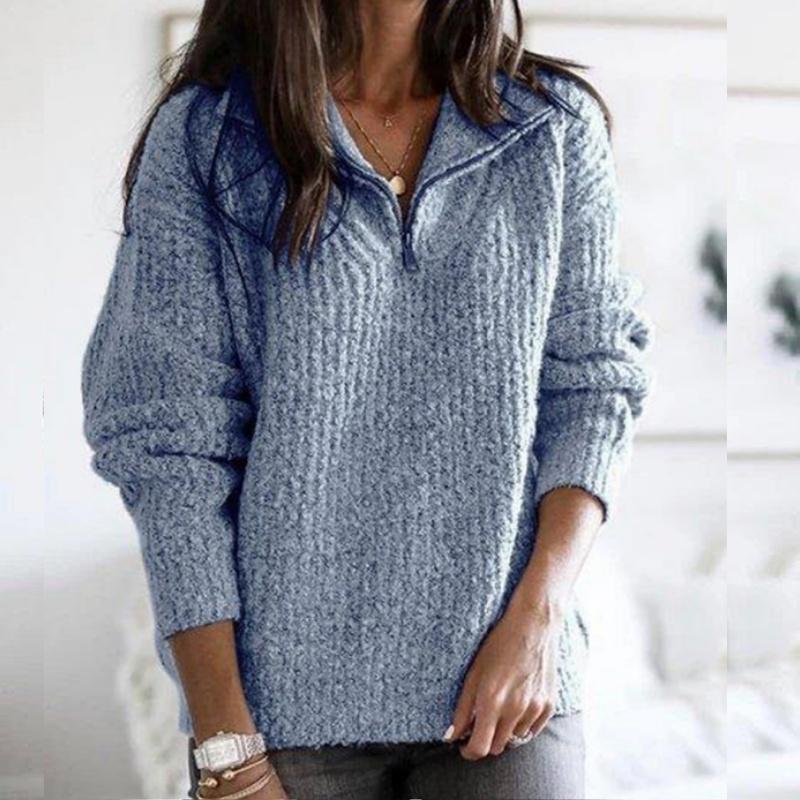 Moda Zimowa Kobiety Jesień Casualowy Jednolity Kolor Zamek Dekolt V Pulower Top Długi Rękaw Sweter Ciepły Płaszcz Swetry Casualowy Paskowany Sweter Dzianinowy Topy