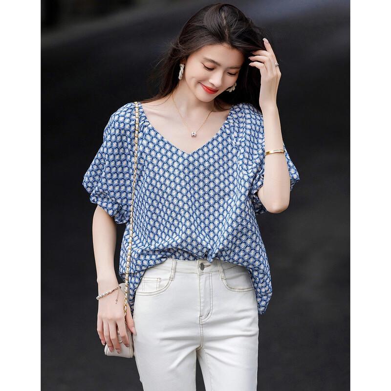 Demana Women s Floral V-Neck Bubble Print Blouse L