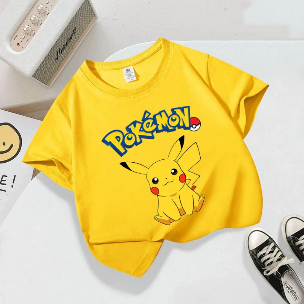 

Summer children s playful Pikachu print short-sleeved casual T-shirt for boys and girls, comfortable and soft. 110