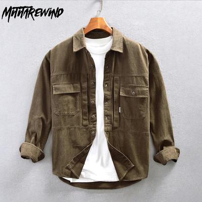 Spring/Autumn Casual Pure Cotton Long Sleeve Shirts for Men Japan Retro Style Cargo Loose Shirt with Double Pockets Youth Handsome Overshirt