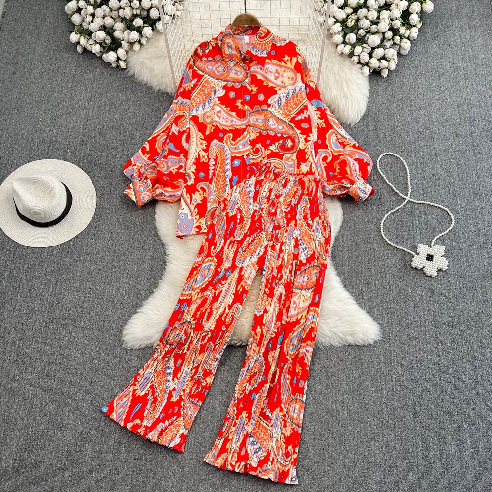 Mulheres pijamas floral casual elegante 2 peças conjunto camisas soltas topos perna larga calça terno moda feminina vintage sexy pijamas novo