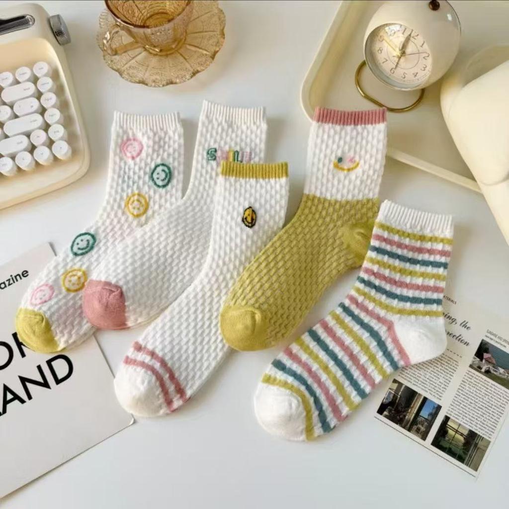 5 Pairs Women Candy Color Splicing Design Socks, Mid-tube Ribbed, Breathable, Sweat-absorbent, High Elastic