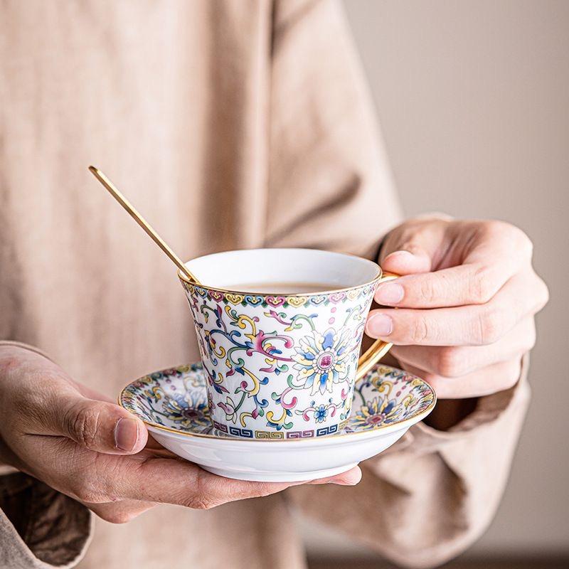 European Enamel Ceramic Coffee Cup & Saucer Set, Elegant Afternoon Tea Cup Set