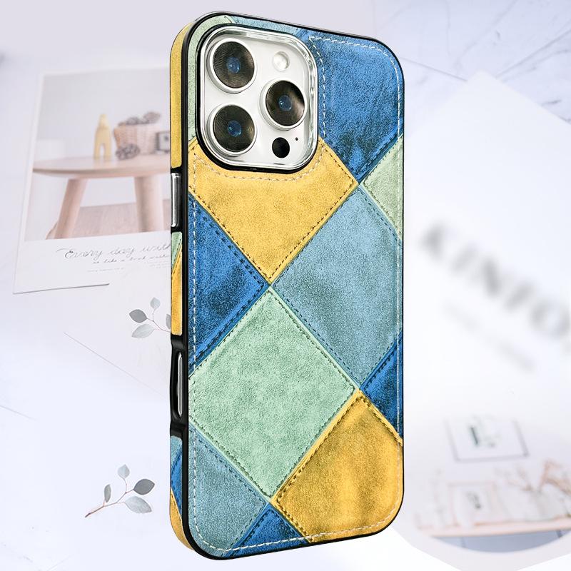 Geometric Splicing and Leather Plating and High-lifting Lens Mobile Phone Case Suitable for IPhone16promax Anti-fall Case 15/14