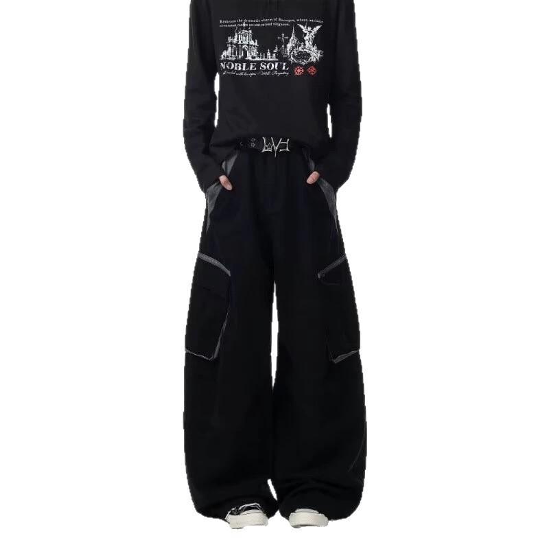 Vintage Washed Pleated Cargo Pants Loose Wide Leg Multi-Pocket Trousers Men Women