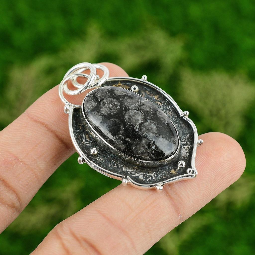 Daughters Day Sale 925 Silver Oval Black Fossil Coral Stone Wife Bezel Pendant