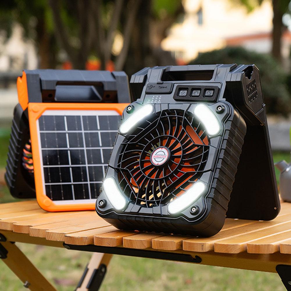Solar Portable Electric Fan with LED Light 5200mAh Solar Outdoor Tent Fan 4 Wind Speeds Solar Powered Camping Fan for Emergency