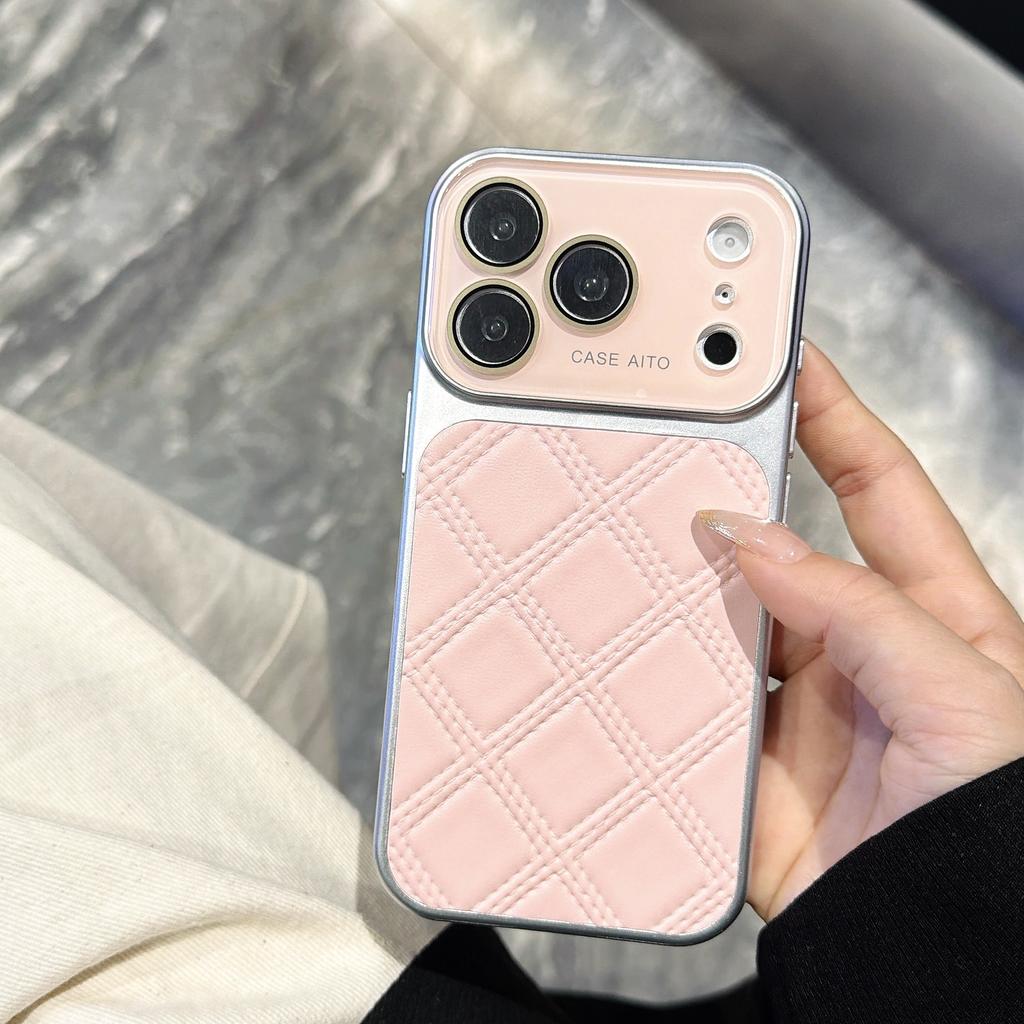 Large Window Diamond Grid PU Leather Phone Case for iPhone 13 17 ProMax 16 15 14 Pro Max Glass Lens Protecti Cover Funda