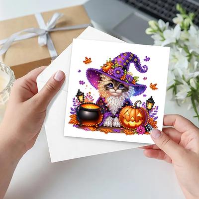 6PCS DIY Diamond Painting Greeting Card Set Halloween Designs Rhinestone Diamond Art Mosaic Postcards for Halloween and Holidays