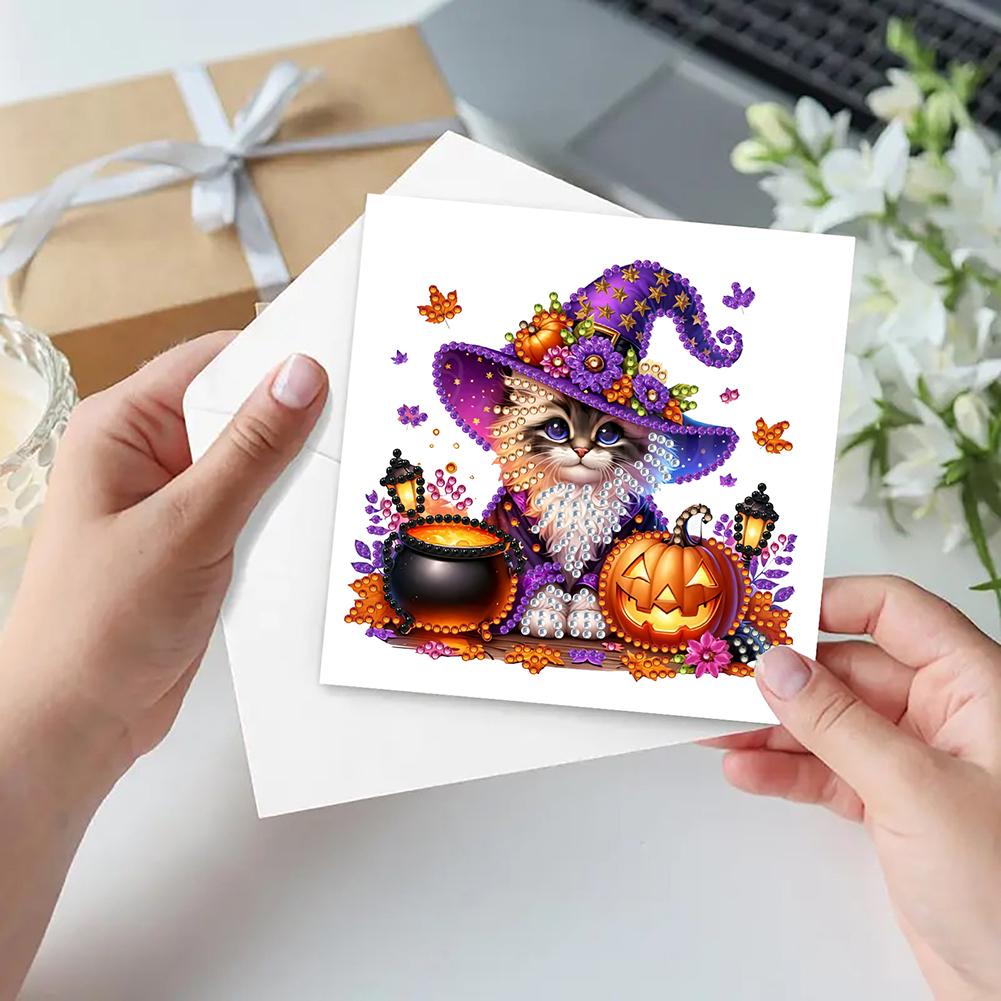 6Pcs Rhinestone Diamond Art Mosaic Postcards DIY Diamond Painting Greeting Card Set Halloween Theme Creative Halloween Card Kit