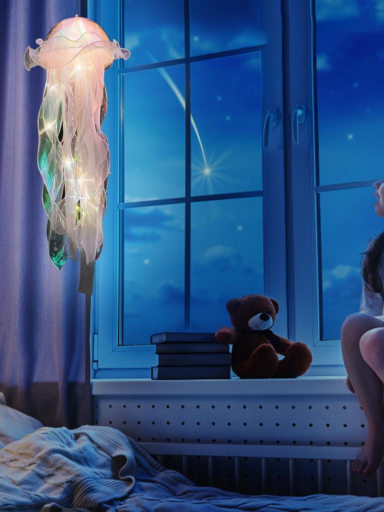 Jellyfish Sleeping Warm Light Button Battery Hanging Ceiling Lantern with Ribbon&Bead LED Bulbs for Children Bedroom