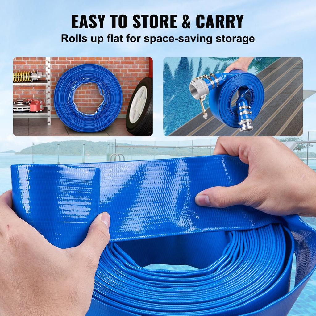 Wąż do płukania wstecznego, 2 cale x 50 stóp, Wytrzymały płaski wąż do odprowadzania wody z basenu z PVC z aluminiowymi złączkami Camlock C i E, Zaciski, Kompatybilny z pompami, piaskiem