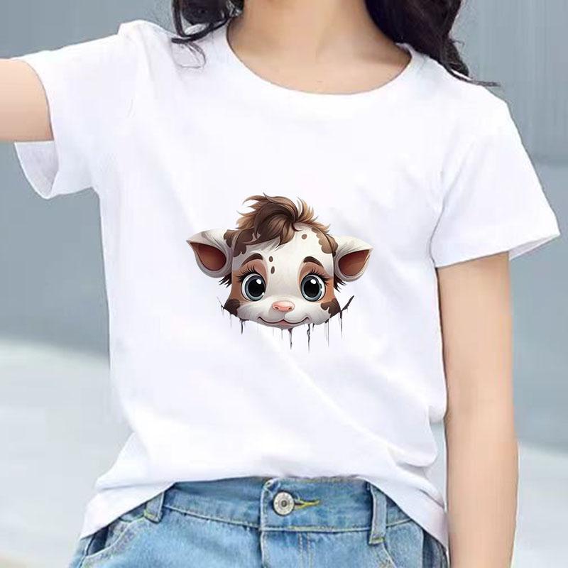 Kids Cotton T Shirt Light Spotted Baby Cow Peeking Print Crew Neck Short Sleeve Tee Casual Boys Girls Summer Tops