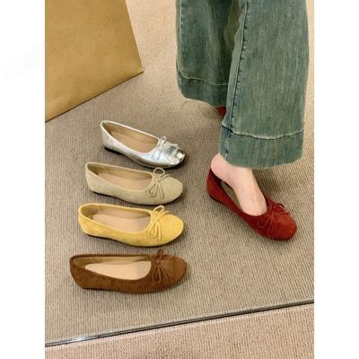 Niche Inner Height Increase Shallow Mouth Single Shoes Female Retro Yellow Bow Fairy Style Ballet Beanie Shoes