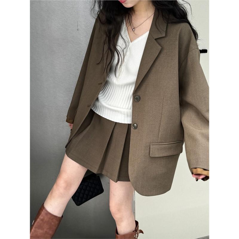 Johnature Korean Casual Suit Two-piece Women Sets Autumn Patchwork Blazer Pleated Skirt Fashion Women Sets